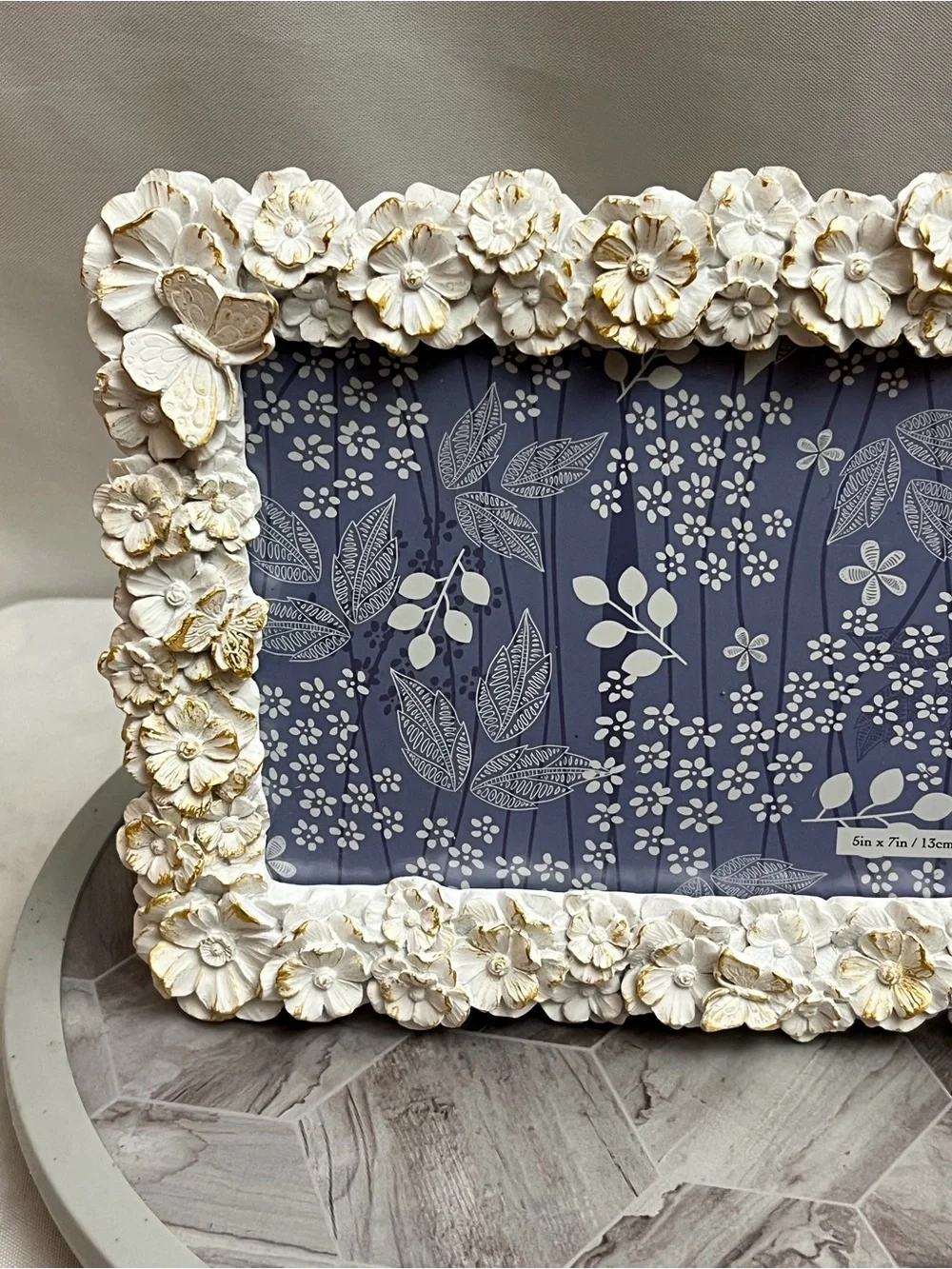 White Gold Floral Butterfly Picture Frame 5x7 Resin Cottagecore Romantic Decor